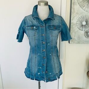 Couture cotton blend long distressed blue jeans jacket size M
